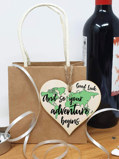 The Plum Penguin Handmade Wooden Hanging Heart Plaque Gift Adventure Begins Inspirational Motivational World Explorer Wilderness Design