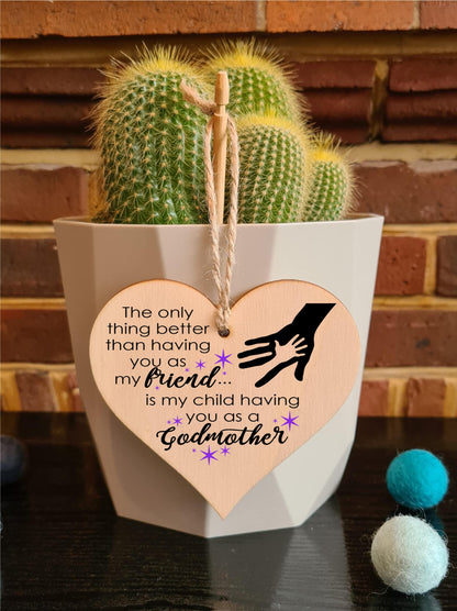 Handmade Wooden Hanging Heart Plaque Gift for Friend Godmother Loving Thoughtful Thank You Keepsake
