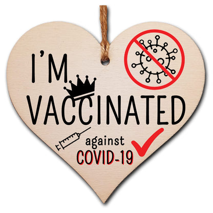 The Plum Penguin Handmade Wooden Hanging Heart Plaque Gift I'm vaccinated against COVID-19 Vaccine Celebration Gift Car Mirror Hanger Badge Alternative