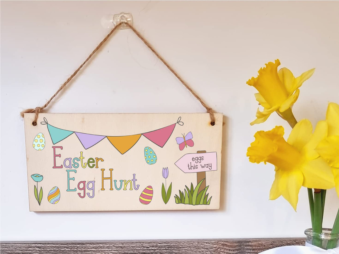 The Plum Penguin Handmade Wooden Hanging Wall Plaque Easter Egg Hunt Cute Fun Kids Easter Sign Garden Kitchen Decoration