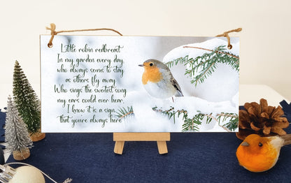 Robin Redbreast Always Here Remember Loved Ones Sympathy Remembrance Decorative Sign Handmade Wooden Hanging Wall Plaque Gift