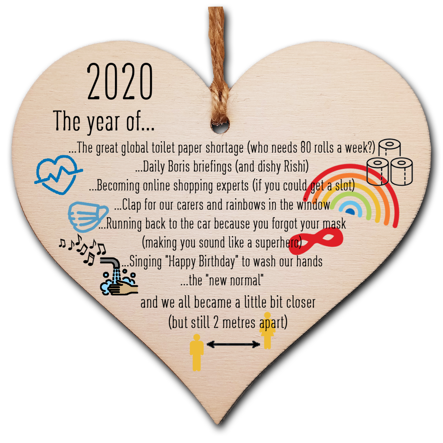 Handmade Wooden Hanging Heart Plaque Christmas Tree Bauble 2020 Year of Lockdown Funny Celebration Wall Hanger Decoration Family Friends