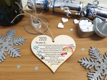 Handmade Wooden Hanging Heart Plaque Christmas Tree Bauble 2020 Year of Lockdown Funny Celebration Wall Hanger Decoration Family Friends