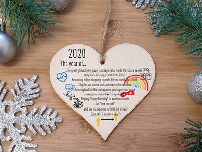Handmade Wooden Hanging Heart Plaque Christmas Tree Bauble 2020 Year of Lockdown Funny Celebration Wall Hanger Decoration Family Friends