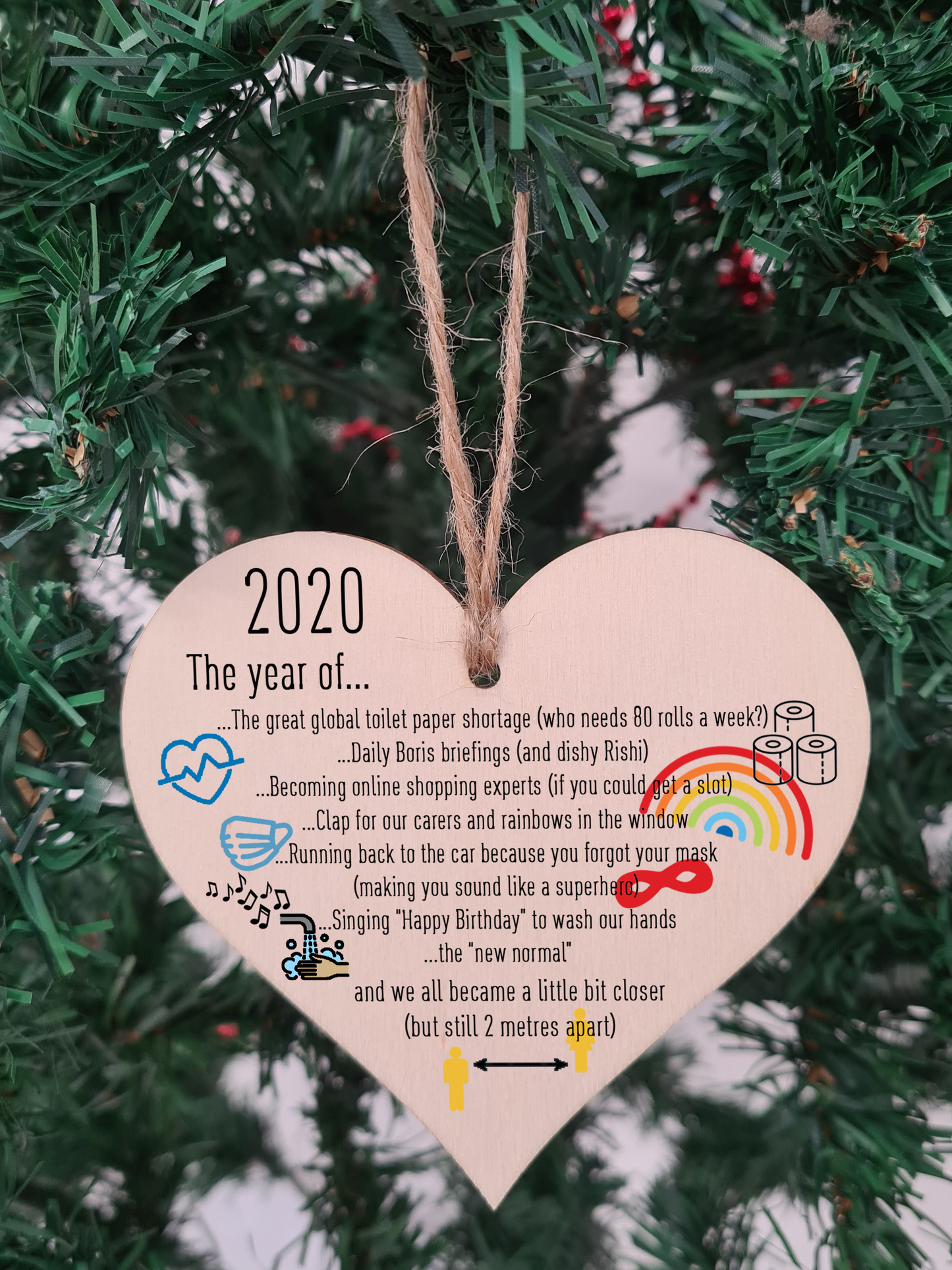 Handmade Wooden Hanging Heart Plaque Christmas Tree Bauble 2020 Year of Lockdown Funny Celebration Wall Hanger Decoration Family Friends