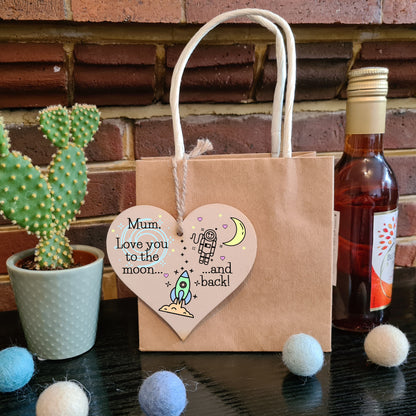 Handmade Wooden Hanging Heart Plaque Mother's Day Gift for Mum loving thoughtful special keepsake cute cartoon space card alternative from children