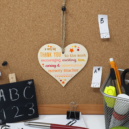 Handmade Wooden Hanging Heart Plaque Gift Very Big Thank You Nursery Teacher Careworker card alternative present from child funky wording