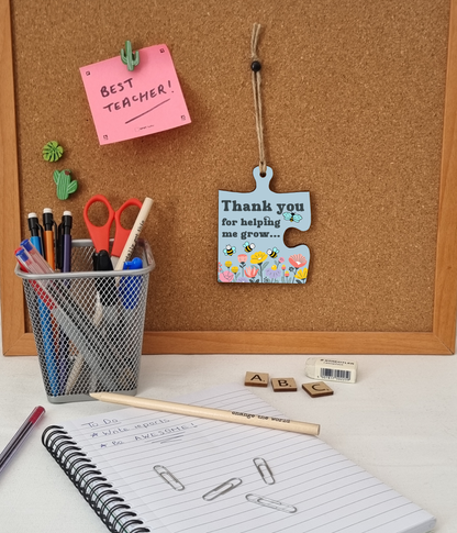 Thank You Helping Me Grow Best Teacher Jigsaw Puzzle Shaped Decorative Hanging Plaque Sign Card Alternative End of Term Gift