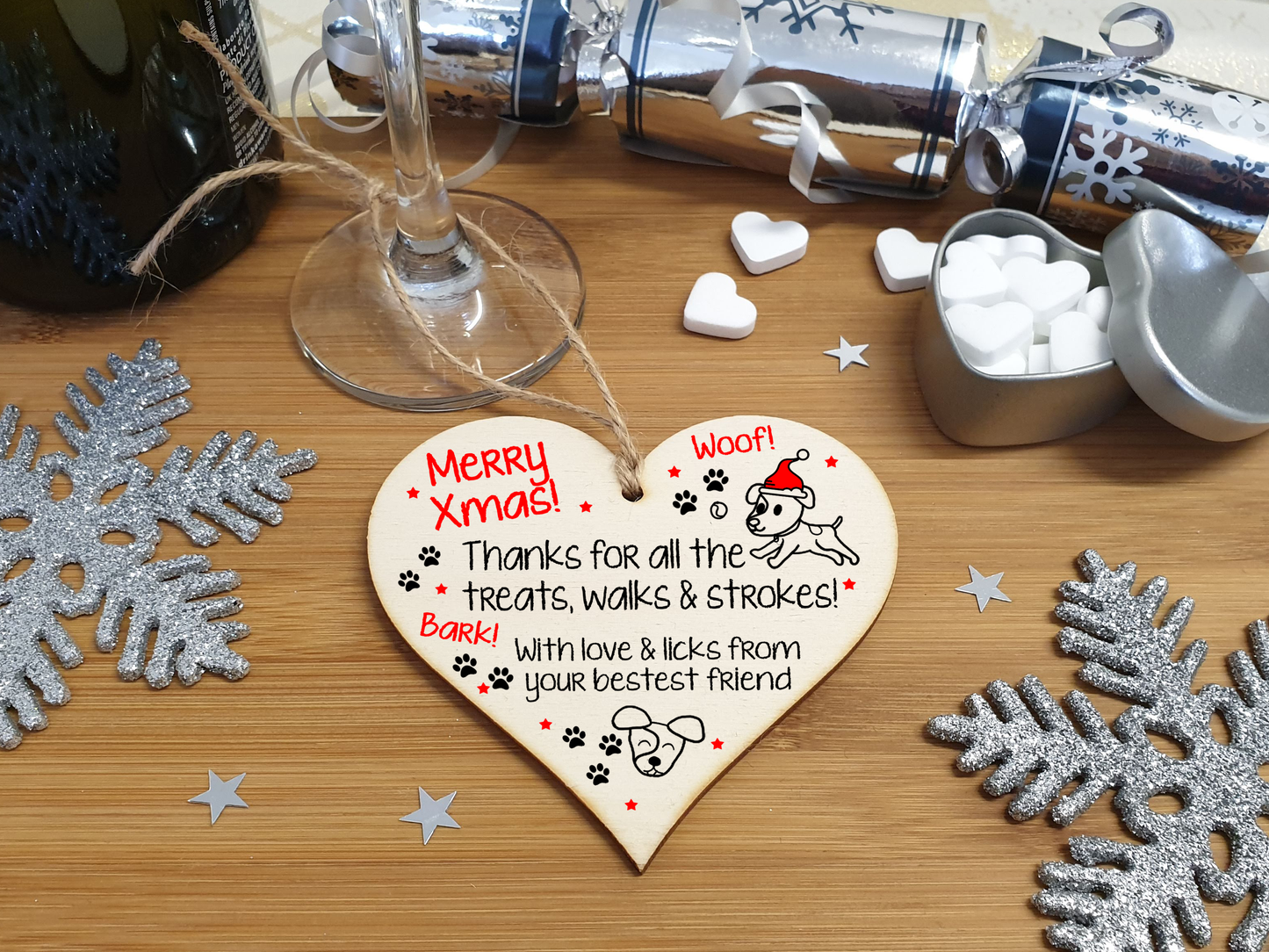 Handmade Wooden Christmas Hanging Heart Plaque Gift Merry Xmas Thanks for all the treats and walks from dog pet present dog mum dad paws cute novelty