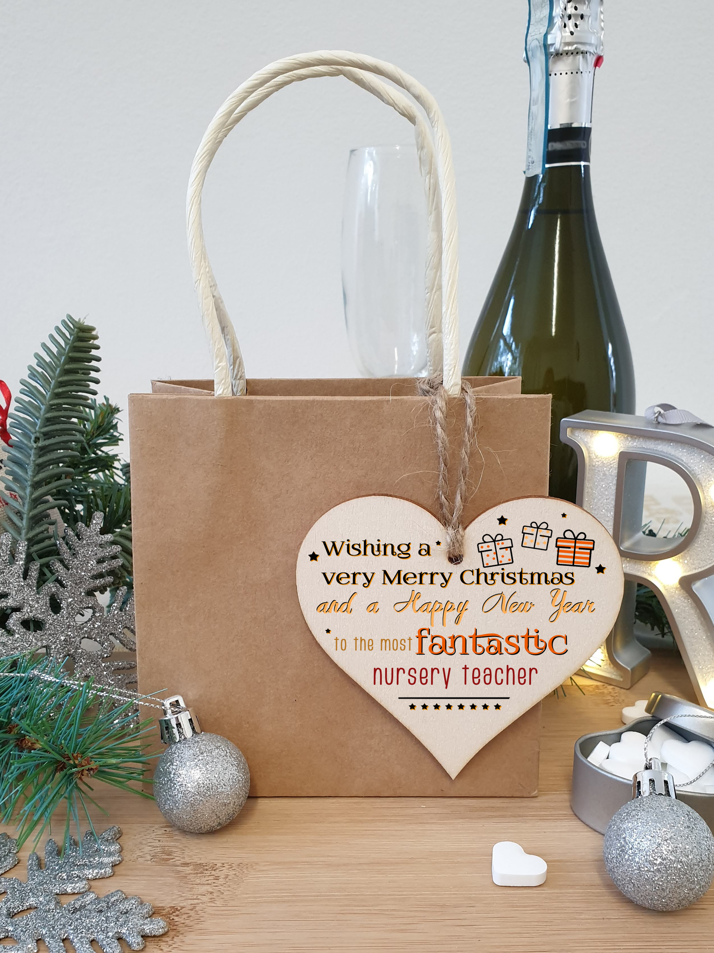 Handmade Wooden Christmas Hanging Heart Plaque Gift Wishing Merry Xmas and happy new year to most fantastic nursery teacher card alternative funky wording