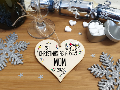 Handmade Wooden Christmas Hanging Heart Plaque Gift 1st Xmas as a Mom new baby family celebration tree decoration present for family