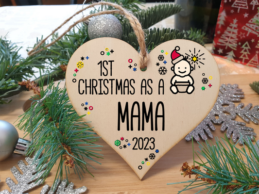 Handmade Wooden Christmas Hanging Heart Plaque Gift 1st Xmas as a Mama new baby family celebration tree decoration present for family