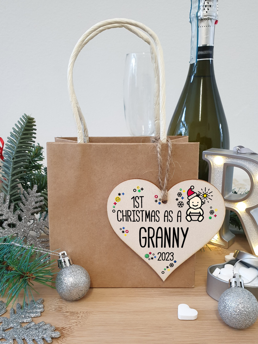 Handmade Wooden Christmas Hanging Heart Plaque Gift 1st Xmas as a Granny new baby family celebration tree decoration present for family