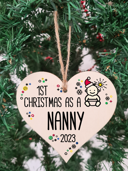 Handmade Wooden Christmas Hanging Heart Plaque Gift 1st Xmas as a Nanny new baby family celebration tree decoration present for family