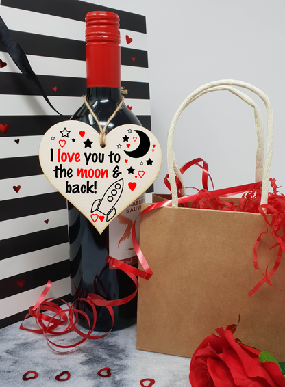 Handmade Wooden Hanging Heart Plaque Valentine's Gift Love You to the moon and back gift for someone special boyfriend girlfriend husband wife funny romantic keepsake