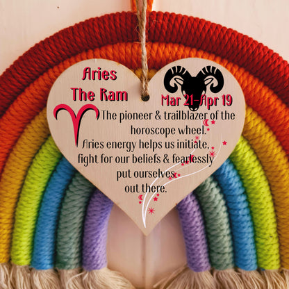 Handmade Wooden Hanging Heart Plaque Gift Signs of the Zodiac Aries Astrological Star Sign Keepsake Card Alternative