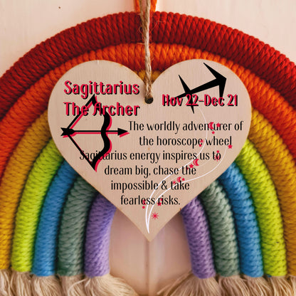Handmade Wooden Hanging Heart Plaque Gift Signs of the Zodiac Sagittarius Astrological Star Sign Keepsake Card Alternative