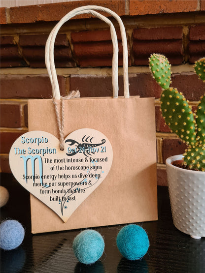 Handmade Wooden Hanging Heart Plaque Gift Signs of the Zodiac Scorpio Astrological Star Sign Keepsake Card Alternative