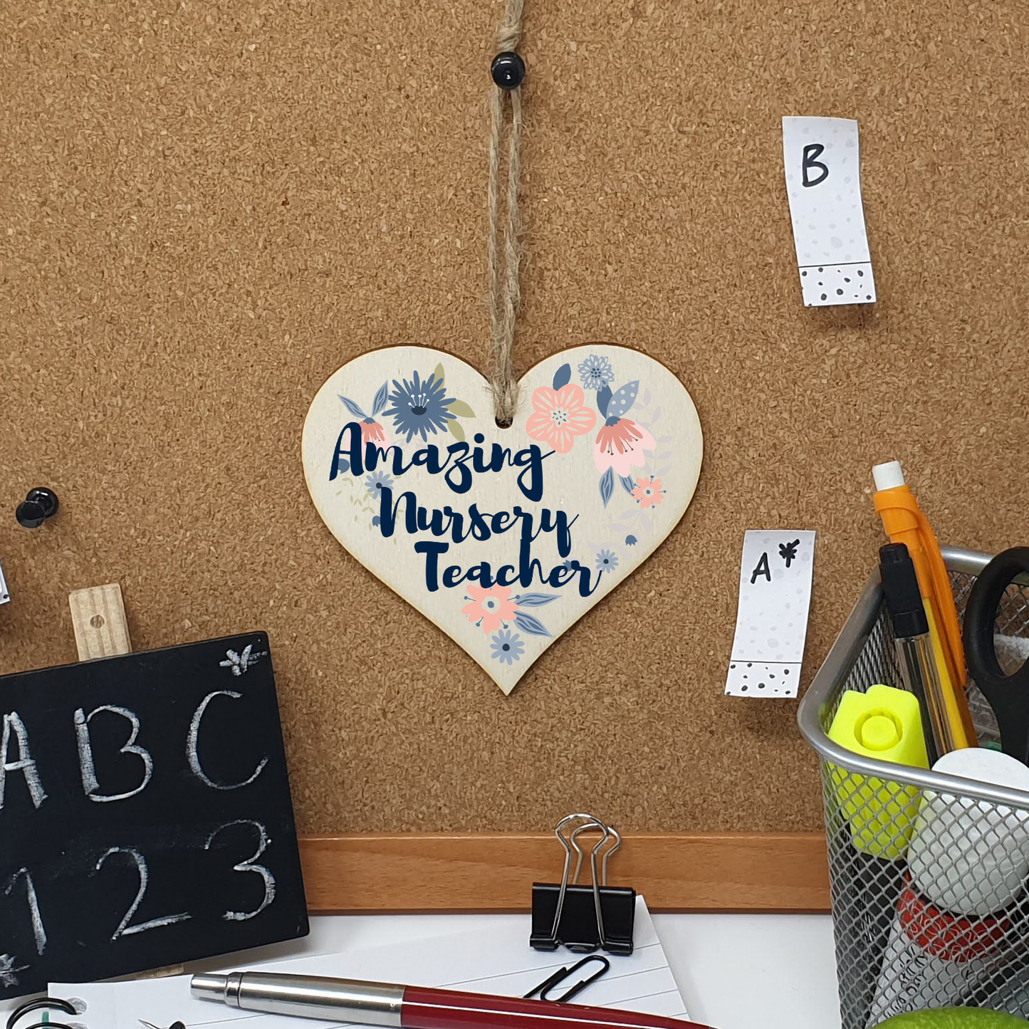 Handmade Wooden Hanging Heart Plaque Gift Amazing Nursery Teacher Thank You Special Someone Floral Style Present from child